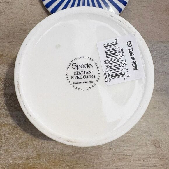 NWT Spode Steccato Covered Sugar Bowl Canister Made in England Blue White Stripe - Picture 8 of 8